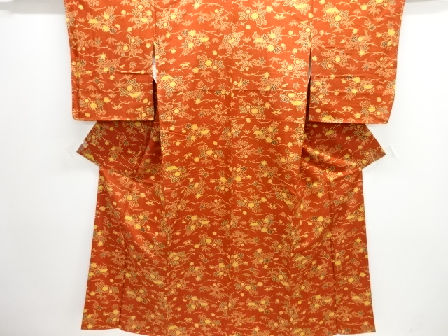 JAPANESE KIMONO / UNUSED / SILK / HAND WOVEN TSUMUGI / HOUSES & FLORAL PLANTS